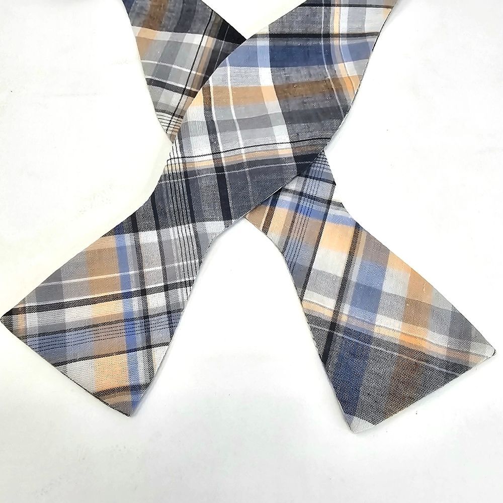 ORIGINAL PENGUIN Men’s Gray Blue Peach Plaid Bow Tie Adjustable Preppy Classic